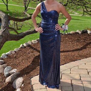 Cache Navy Sequined Evening Gown, One Shoulder, Column Style, Front Slit, Size 2